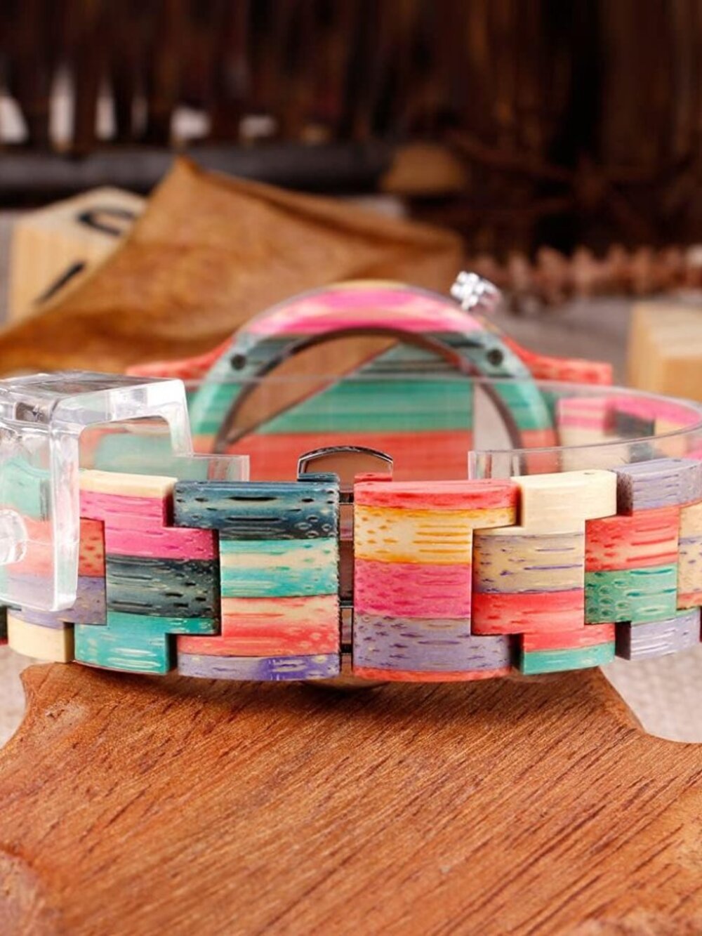 Mens Watch Colorful Multi Wooden Triangle Handmade Analog Dial Quartz Wristwatch - Picture 4 of 7